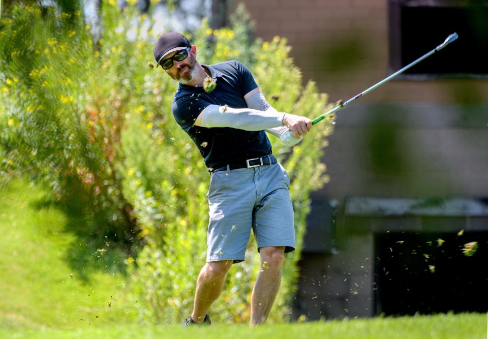 Defending champ Brien Davis kicks up some divots as he tees off on No. 1 to start off the second half of the 36-hole Peoria Men's City Golf Championship on Saturday, Aug. 6, 2022 at Kellogg Golf Course in Peoria. Davis defeated Jeff Ott for his second consecutive title.