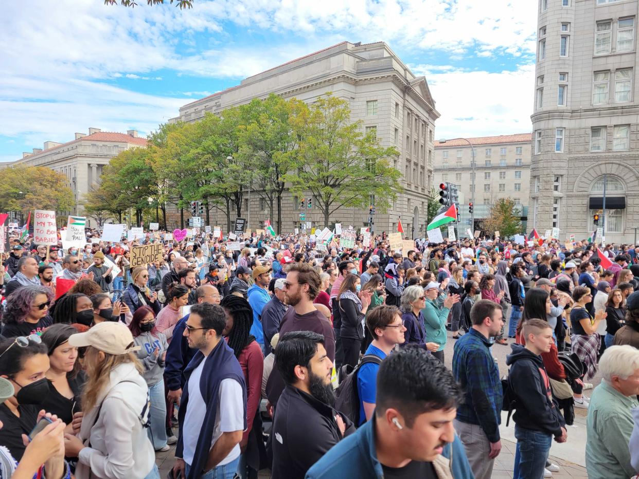 Rally attendees listen to a speech in downtown Washington, DC (John Bowden / The Independent)