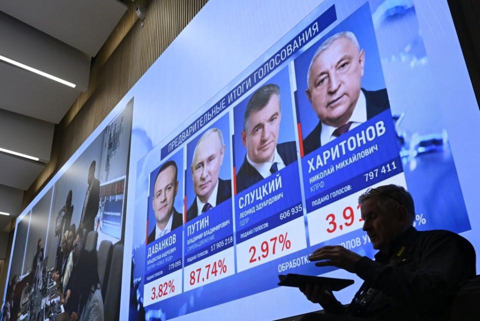 A general view of the Russia's Central Electoral Commission (CEC) Headquarters in Moscow, Russia on March 17, 2024. Putin wins Russian presidential election with 87.97% of the vote, first official results show. (Sefa Karacan/Anadolu via Getty Images)