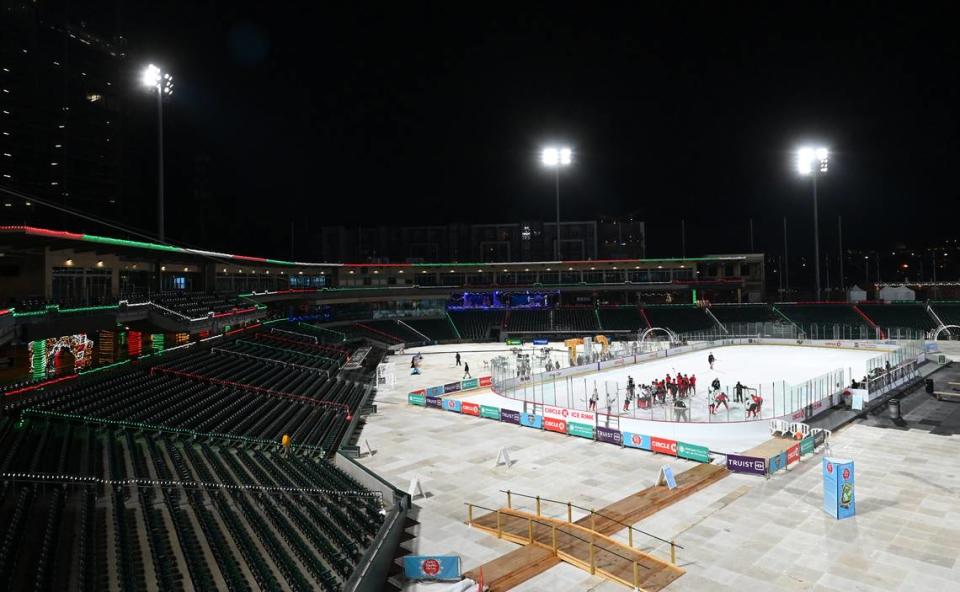 The Charlotte Checkers practice at Truist Field in Charlotte, NC on Monday, November 27, 2023. The Checkers will face the Americans in the Queen City Outdoor Classic at Truist Field on Saturday, January 13, 2024.