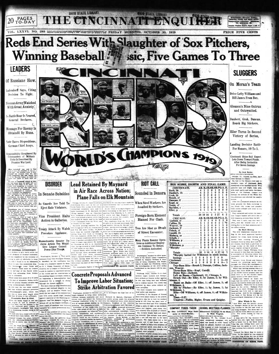 The Cincinnati Enquirer front page, Oct. 10, 1919. Cincinnati Reds, World's Champions.