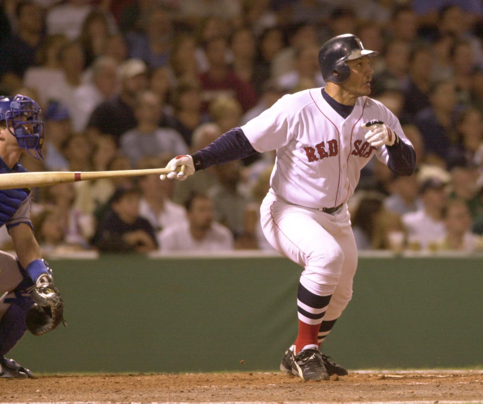 BRIAN DAUBACH WATCHES HIS GAME WINNING HOME RUN IN THE 8TH INNING 8-4-2000 STAFF PHOTO BILL BELKNAP SAVED PHOTO SATURDAY (Photo by Boston Herald/MediaNews Group/Boston Herald via Getty Images)