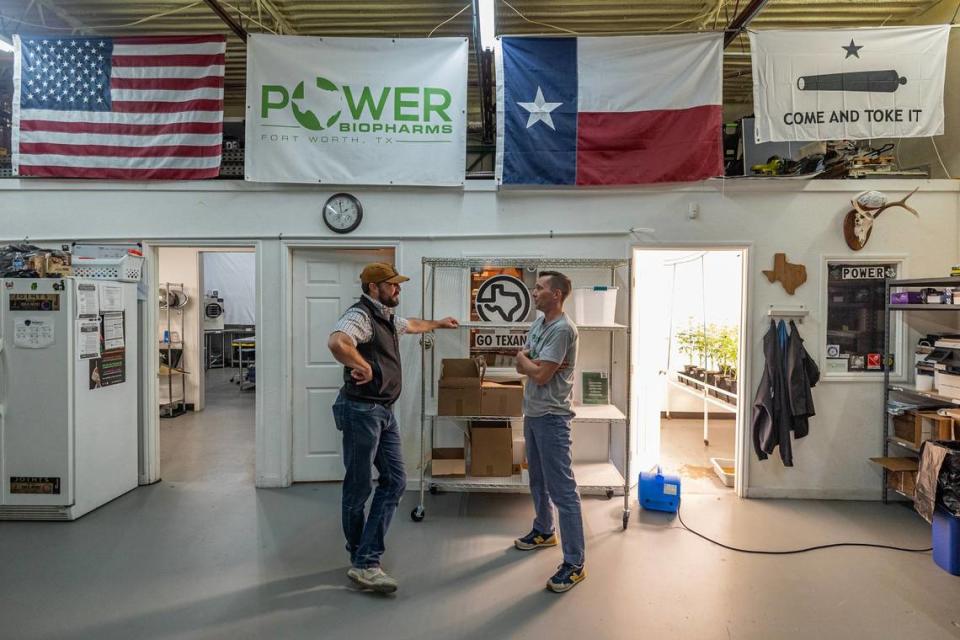 Colt Power, the Co-Founder and CEO for Power BioPharms, and Nick Williams, the Vice President of Operations, have a conversation at Power BioPharms grow facility in Euless on Thursday, April 25, 2024.