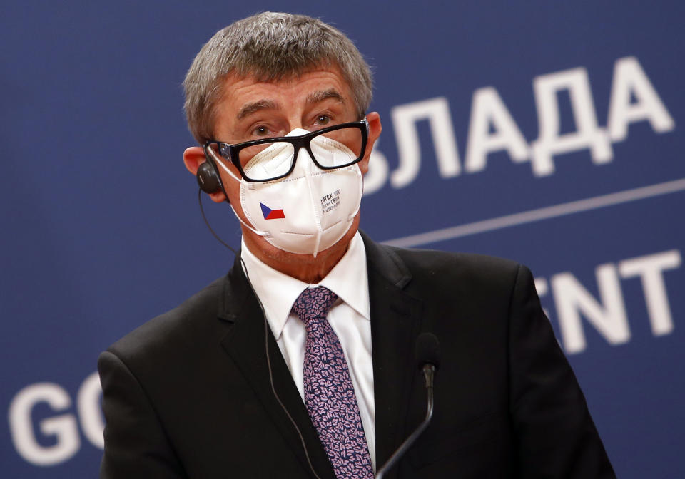 Czech Prime Minister Andrej Babis speaks during a press conference after talks with his Serbian counterpart Ana Brnabic at the Serbia Palace in Belgrade, Serbia, Wednesday, Feb. 10, 2021. Babis is on a one-day official visit to Serbia. (AP Photo/Darko Vojinovic)