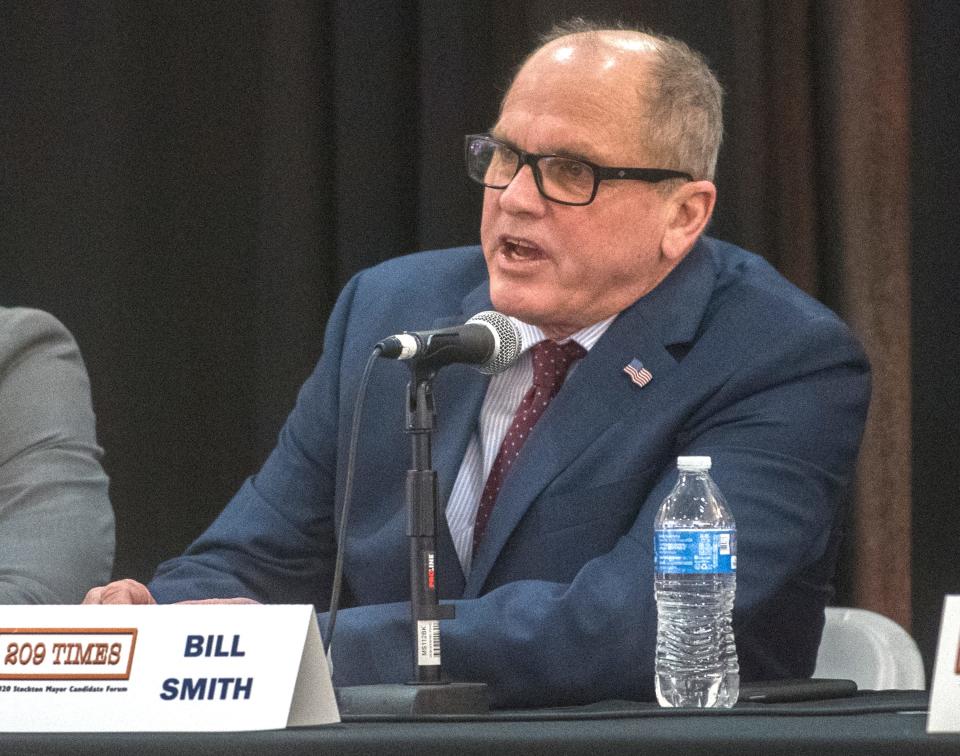 Then-mayoral candidate Bill Smith participates in a candidates forum at the Sherwood Mall in Stockton. Smith is running to represent District 2 on the Board of Supervisors this year.