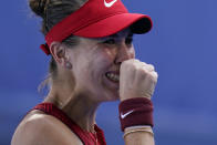 Belinda Bencic, of Switzerland, reacts after defeating Anastasia Pavlyuchenkova, of the Russian Olympic Committee, in the quarterfinal round of the women's tennis competition at the 2020 Summer Olympics, Wednesday, July 28, 2021, in Tokyo, Japan. (AP Photo/Patrick Semansky)