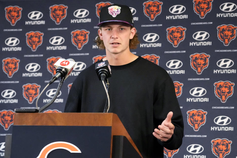 Chicago Bears quarterback Tyson Bagent speaks during a news conference after an NFL football game against the Minnesota Vikings, Sunday, Oct. 15, 2023 in Chicago. (AP Photo/Nam Y. Huh)