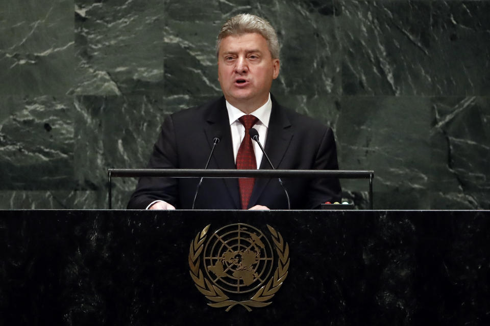 Macedonia's President Gjorge Ivanov addresses the 73rd session of the United Nations General Assembly, at U.N. headquarters, Thursday, Sept. 27, 2018. (AP Photo/Richard Drew)