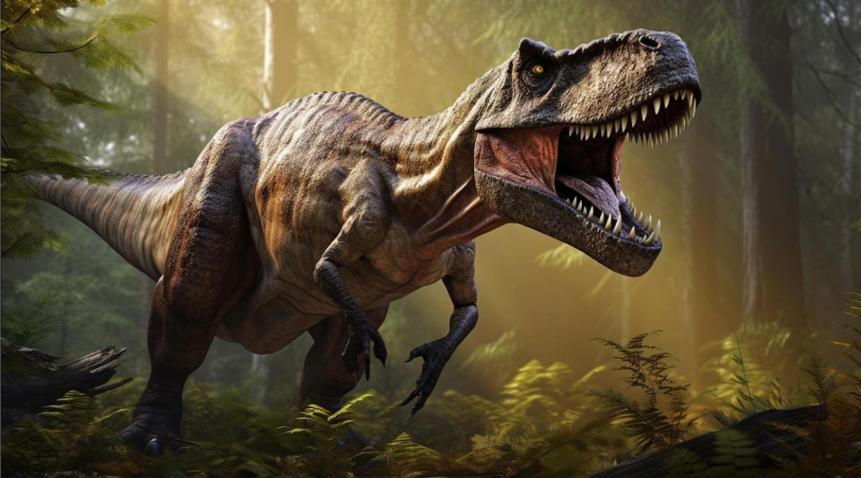  An illustration of a T. rex opening its mouth in a wooded environment. 