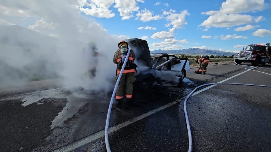 Fire officials responded to a vehicle fire on I-15 in southern Utah on April 28, 2024. The fire was extinguished within about 10 minutes, but caused road closures and traffic delays. (Courtesy: New Harmony Fire Department)