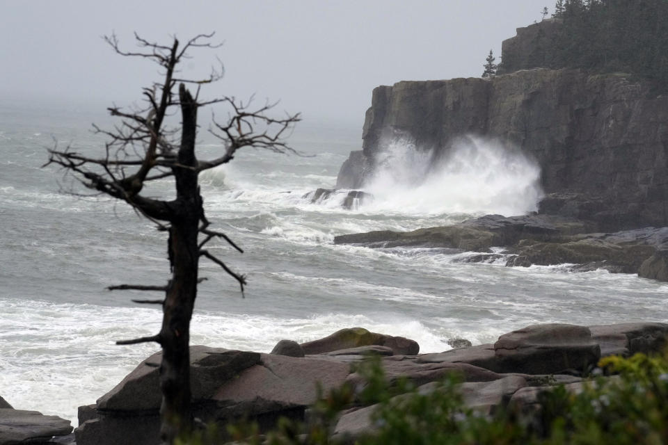 Raging surf hits Otter Point in Acadia National Park as severe weather associated with storm Lee pounds the region, Saturday, Sept. 16, 2023, in Bar Harbor, Maine. (AP Photo/Robert F. Bukaty)