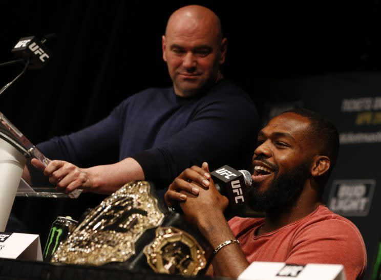 NEW YORK, NY - APRIL 27: Jon Jones speaks at a press conference with UFC president Dana White at a media availability for UFC 200 at Madison Square Garden on April 27, 2016 in New York City. (Photo by Jeff Zelevansky/Getty Images)