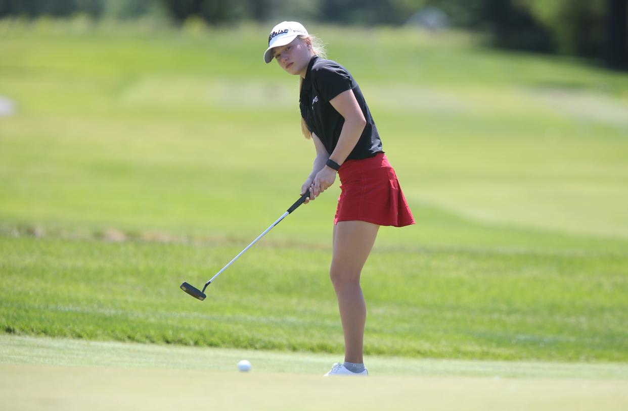 Gilbert girls golfer Eden Lohrbach, seen here at last year's Class 3A girls state golf meet at the Pheasant Ridge Golf Course in Cedar Falls, turned in two outstanding performances for the Tigers last week.