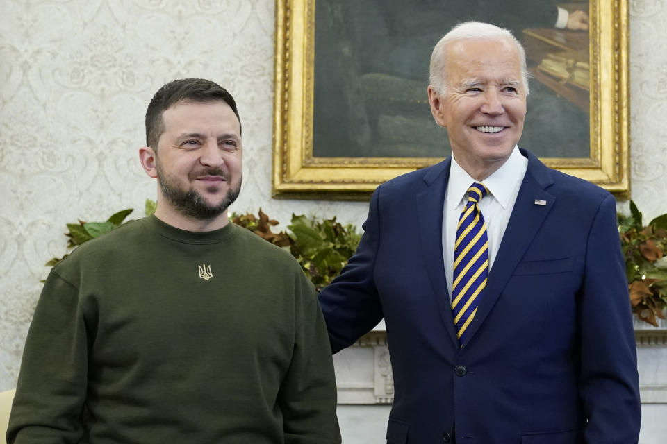 FILE – U.S. President Joe Biden meets with Ukrainian President Volodymyr Zelenskyy at the White House, Wednesday, Dec. 21, 2022, in Washington. As chances rise of a Biden-Donald Trump rematch in the U.S. presidential election race, America’s allies are bracing for a bumpy ride, with concerns rising that the U.S. could grow less dependable regardless of who wins. (AP Photo/Patrick Semansky, File)