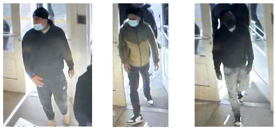 Surveillance images show three men who entered the Sunglass Hut store. (Via Monterey Police Department)