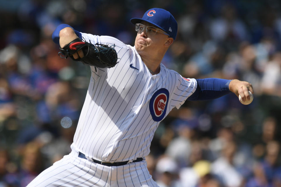 Chicago Cubs starter Jordan Wicks delivers during the first inning of a baseball game against the San Francisco Giants, Wednesday, Sept. 6, 2023, in Chicago. (AP Photo/Paul Beaty)