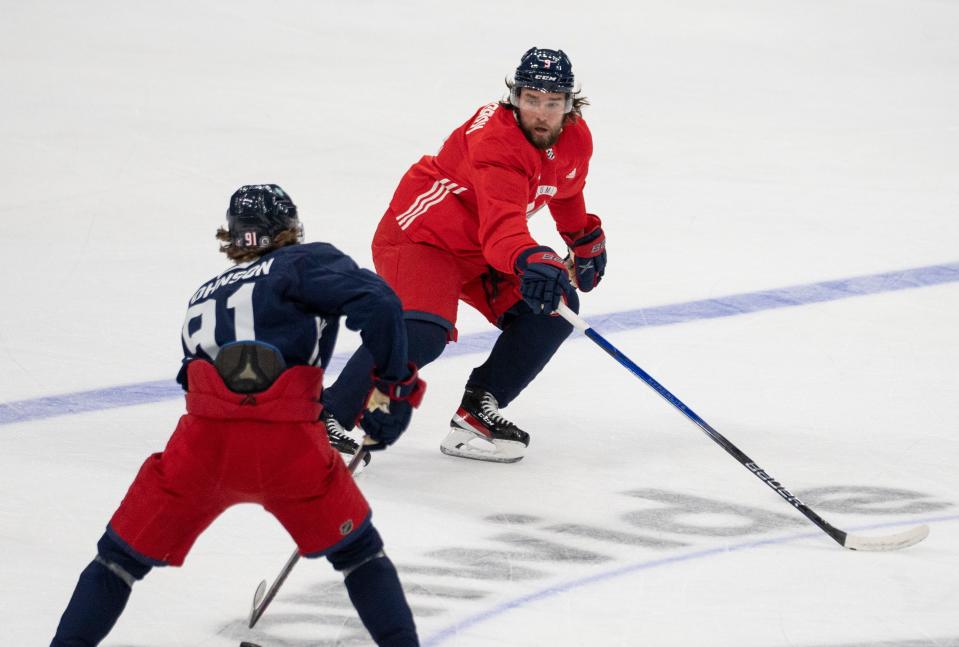 Sep 29, 2023; Columbus, Ohio, United States; Columbus Blue Jackets defenseman Ivan Provorov (9) looks to block a pass by Columbus Blue Jackets defenseman Stanislav Svozil (81) during CBJ Training Camp at Nationwide Arena.