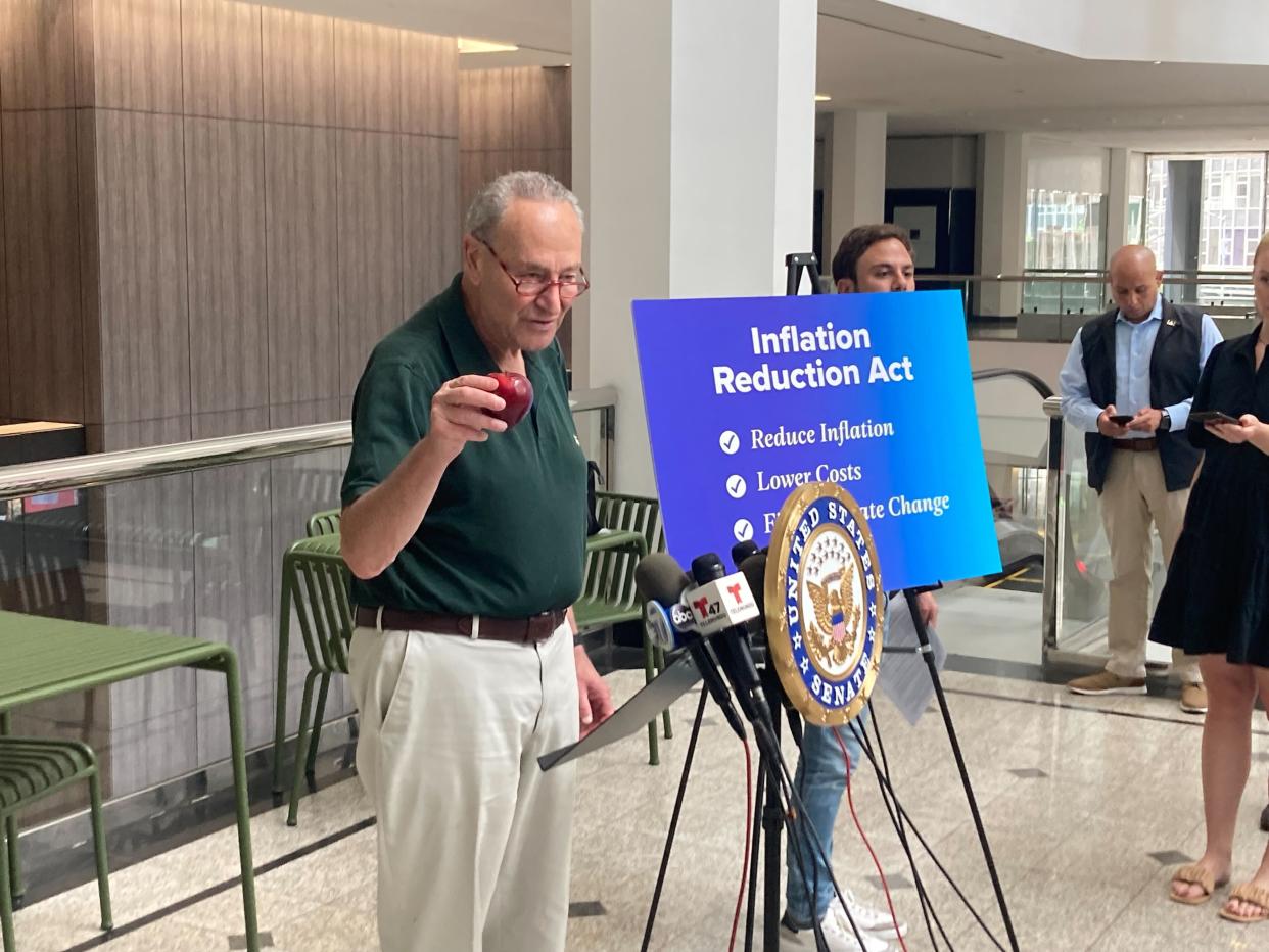 Senate Majority Leader Chuck Schumer (D-N.Y.) speaks during a press conference in Manhattan, New York on Monday, August 8, 2022. 