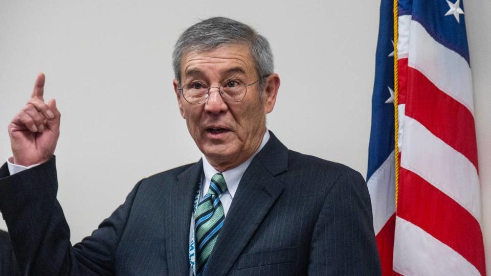 Canyon County Clerk Chris Yamamoto speaks at the swearing-in ceremony for Canyon County officials on Jan. 9, 2023. Just over a year later, Yamamoto resigned.