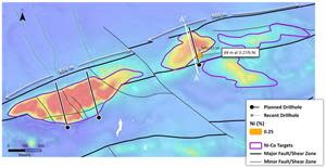 Drill plan map over total field magnetic intensity map with linear colour stretch (red - magnetic high, blue - magnetic low)