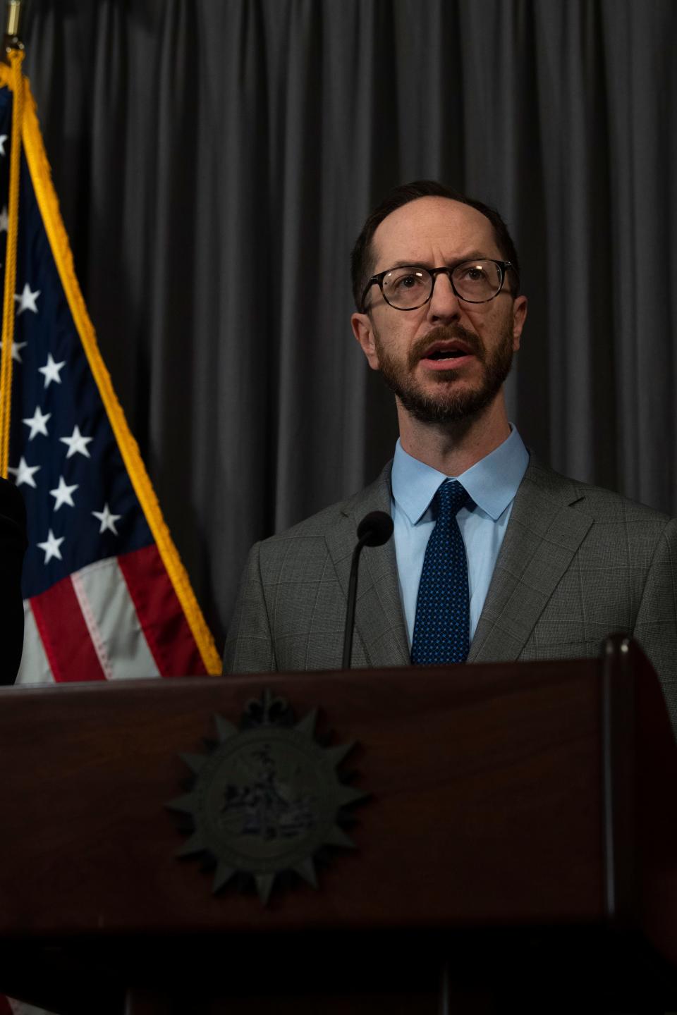 Nashville Mayor Freddie O'Connell, speaks during a press conference at the Historic Metropolitan Courthouse in Nashville, Tenn., Thursday, Feb. 15, 2024.