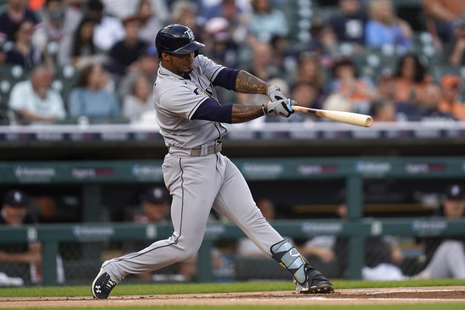 Tampa Bay Rays' Wander Franco hits a single against the Detroit Tigers in the first inning of a baseball game in Detroit, Friday, Sept. 10, 2021. (AP Photo/Paul Sancya)