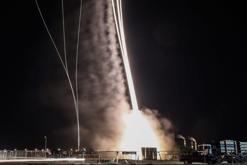 Air defense missiles are fired from the Israeli Iron Dome air defence system. Israeli airspace was reopened on Sunday morning following Iran's unprecedented major attack on the country, local media reported following a seven-hour airspace closure. Ilia Yefimovich/dpa