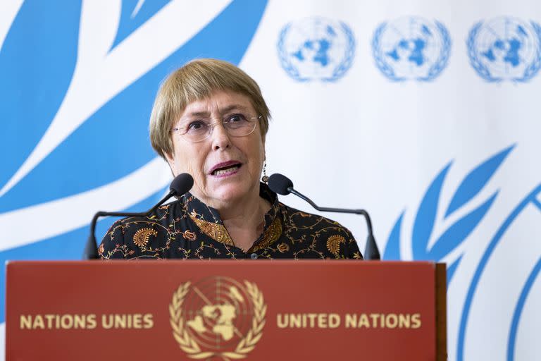 HANDOUT - 13 June 2022, Switzerland, Geneva: Michelle Bachelet, UN High Commissioner for Human Rights, speaks during a press conference after the 50th session of the UN Human Rights Council. Photo: Jean Marc Ferré/UN Photo/dpa - ATTENTION: editorial use only and only if the credit mentioned above is referenced in full