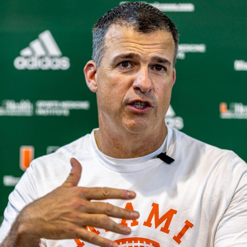 Miami Hurricanes Head Coach Mario Cristobal speaks to the press during media availability after spring football practice at the University of Miami’s Greentree Practice Field in Coral Gables, Florida, on Tuesday, March 28, 2023.