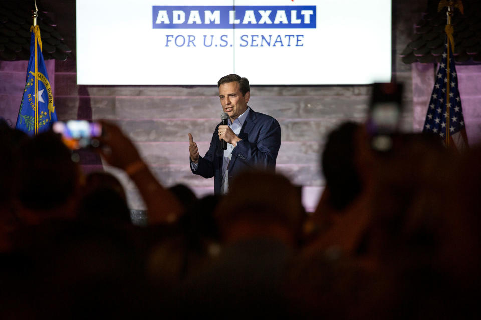 Nevada Republican Senate candidate Adam Laxalt speaks during a rally with Florida Gov. Ron DeSantis at Stoney's Rockin' Country in Las Vegas, on April 27, 2022.<span class="copyright">Ellen Schmidt—Las Vegas Review-Journal/AP</span>