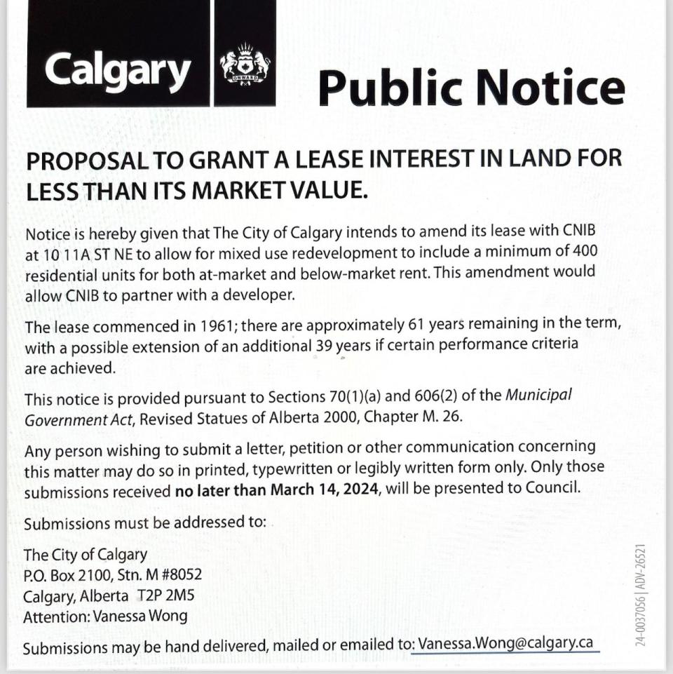 A public notice in the Calgary Herald newspaper on Feb. 22 by the City of Calgary describing the proposal for the land CNIB currently leases. 