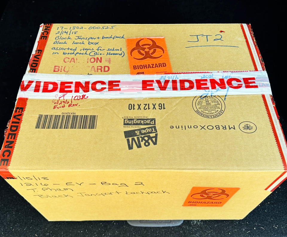 A photo of the box that contains Alex Schachter's backpack and lunch box. It's a biohazard because it has his blood on it and possibly bullet holes. (Courtesy Max Schachter)
