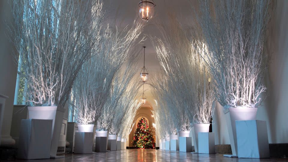 <strong>2017:</strong> Trump's shadowy white branches were an unconventional, minimalist approach to Christmas decor. - Saul Loeb/AFP/Getty Images