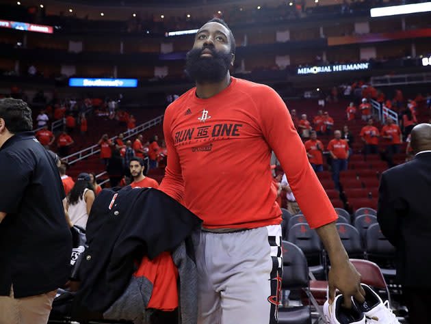 James Harden leaves the court on Thursday. (Getty Images)