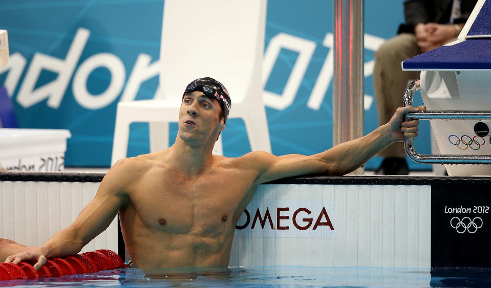 LONDON, ENGLAND - AUGUST 02: Michael Phelps of the United States reacts after winning gold in the Men's 200m Individual Medley final on Day 6 of the London 2012 Olympic Games at the Aquatics Centre on August 2, 2012 in London, England. (Photo by Ezra Shaw/Getty Images)