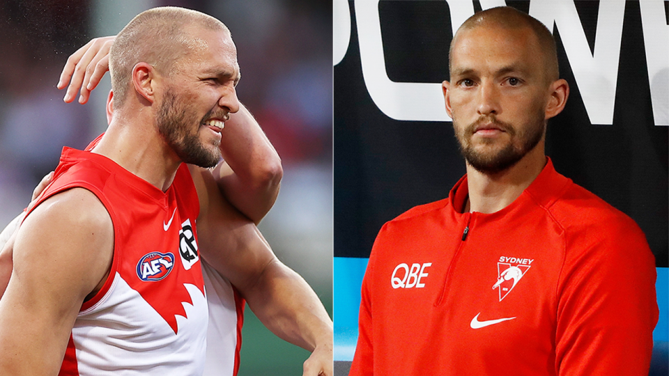 Swans' Sam Reid (pictured left) celebrating and (picture right) Reid sitting on the bench injured.