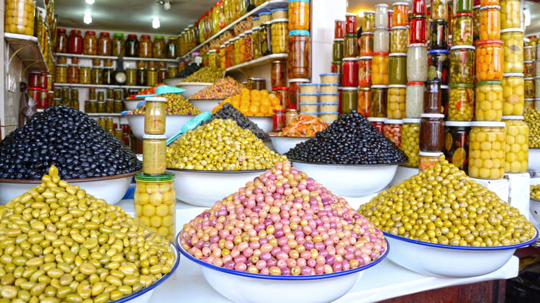 Bowls of olives at market