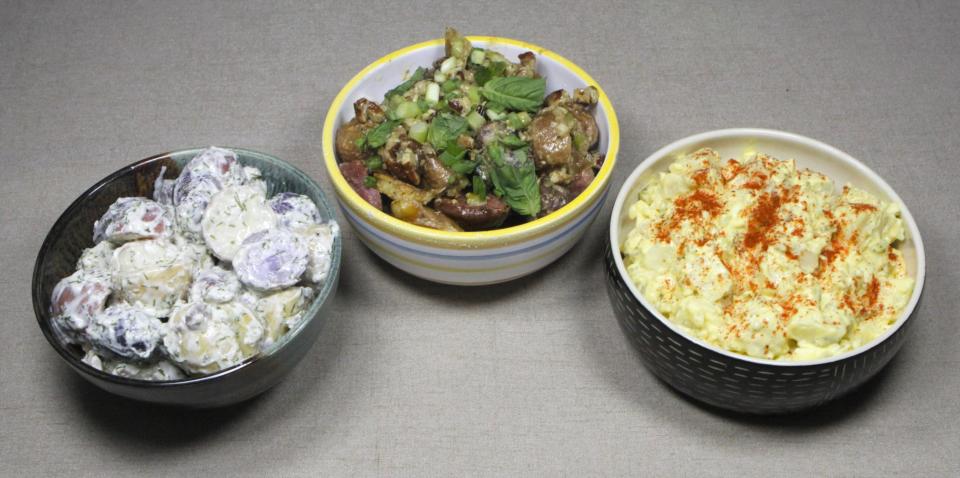 There's a potato salad for every taste. From left to right: Greek Yogurt Potato Salad, Warm Potato Salad and a classic Southern Style Mustard Potato Salad.