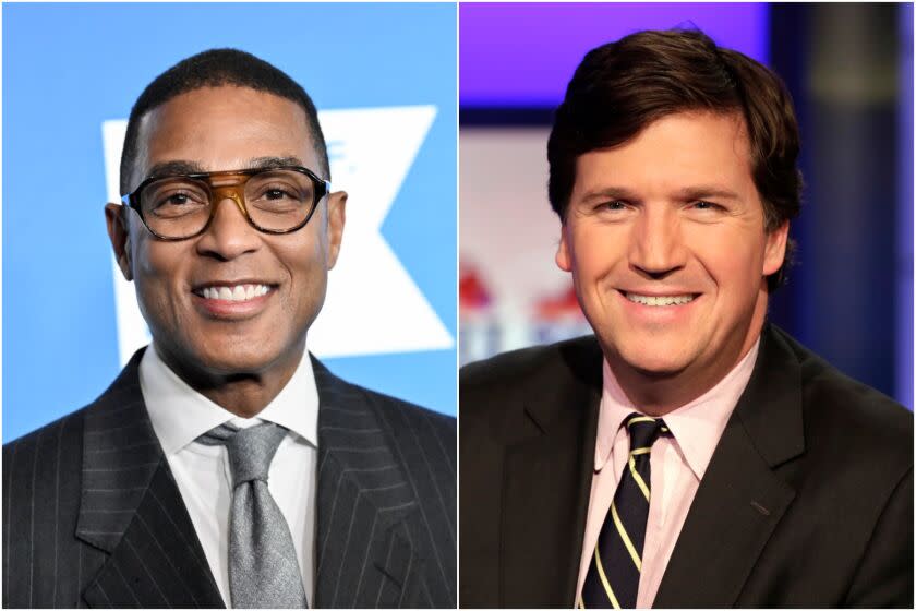 A split image of Don Lemon smiling in glasses and a striped black suit and Tucker Carlson smiling in a black suit