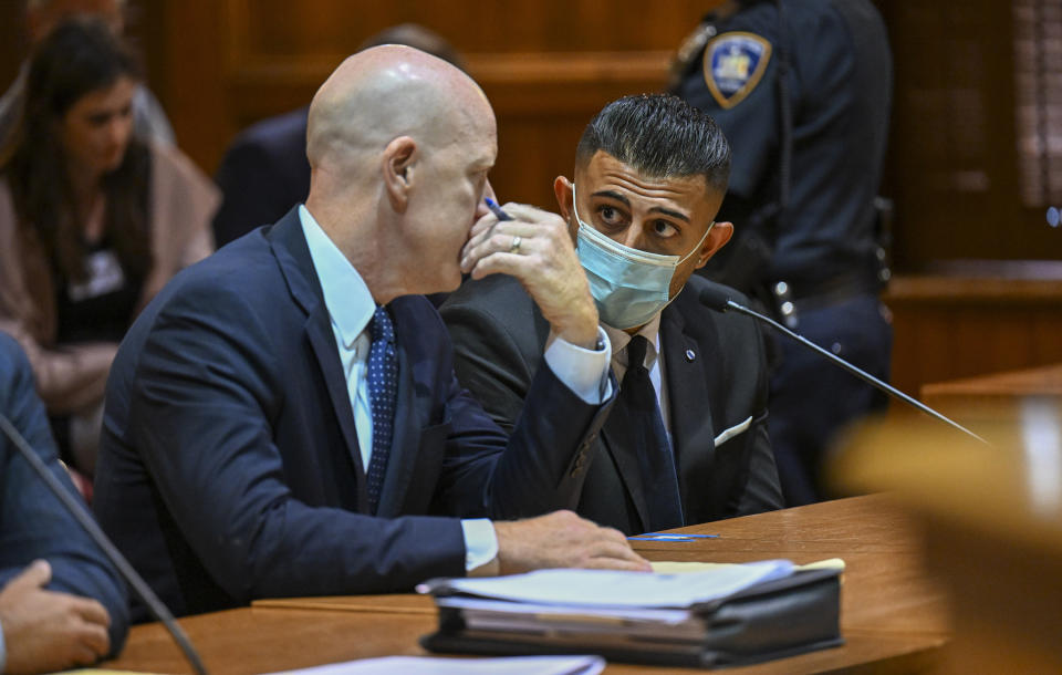 Lee Kindlon, left, attorney for Nauman Hussain, right, listens as Judge Peter Lynch, rejects a plea agreement for Hussain to avoid prison time during a proceeding in Schoharie County court Wednesday, Aug. 31, 2022, in Schoharie, N.Y. Hussain, who operated Prestige Limousine, had been charged with 20 counts each of criminally negligent homicide and second-degree manslaughter in what was the deadliest U.S. transportation disaster in a decade. (AP Photo/Hans Pennink)