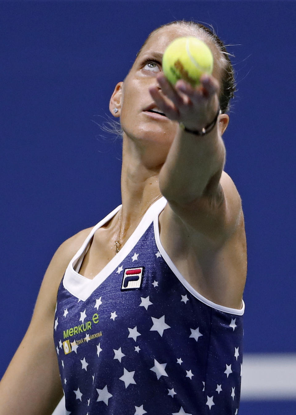 Karolina Pliskova, of the Czech Republic, serves to Serena Williams, of the United States, during the quarterfinals of the U.S. Open tennis tournament Tuesday, Sept. 4, 2018, in New York. (AP Photo/Adam Hunger)