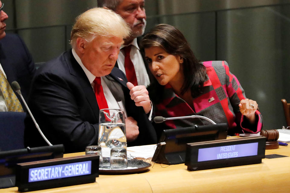 President Trump and U.N. Ambassador Nikki Haley attend the United Nations General Assembly in New York, Sept. 24, 2018. (Carlos Barria/Reuters)