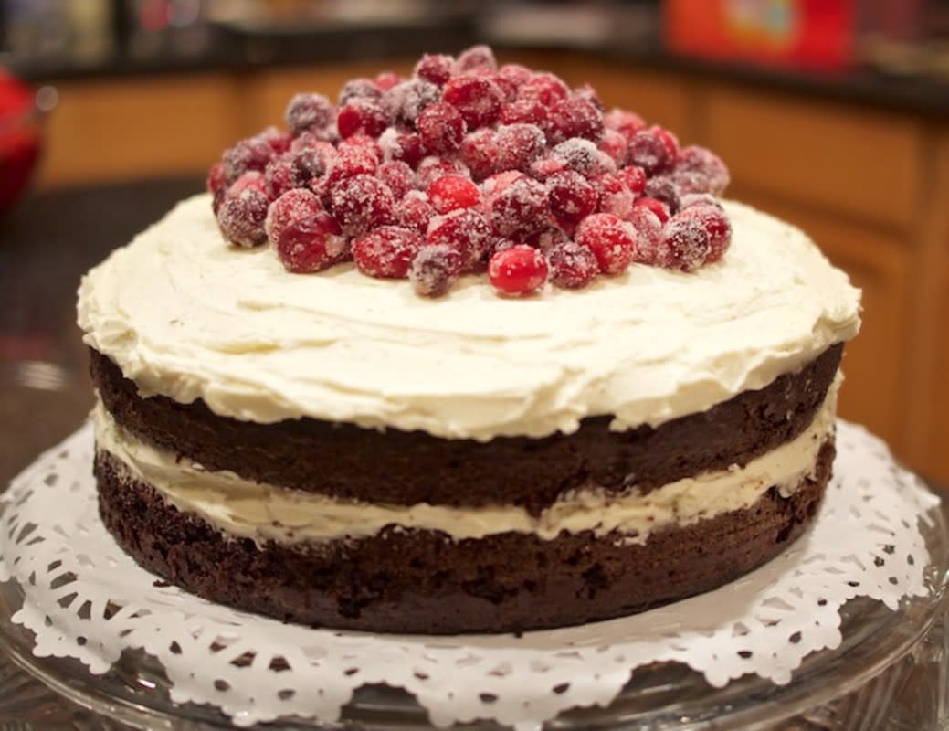 <p>The Food Hunter</p><p>Classic chocolate cake gets a tangy update with cool mascarpone frosting.</p><p><strong>Get the recipe:</strong> <a href="http://www.foodhuntersguide.com/2015/12/chocolate-mascarpone-layer-cake-with.html" rel="nofollow noopener" target="_blank" data-ylk="slk:Chocolate Mascarpone Layer Cake with Sugared Cranberries;elm:context_link;itc:0;sec:content-canvas" class="link rapid-noclick-resp"><strong>Chocolate Mascarpone Layer Cake with Sugared Cranberries</strong></a></p>