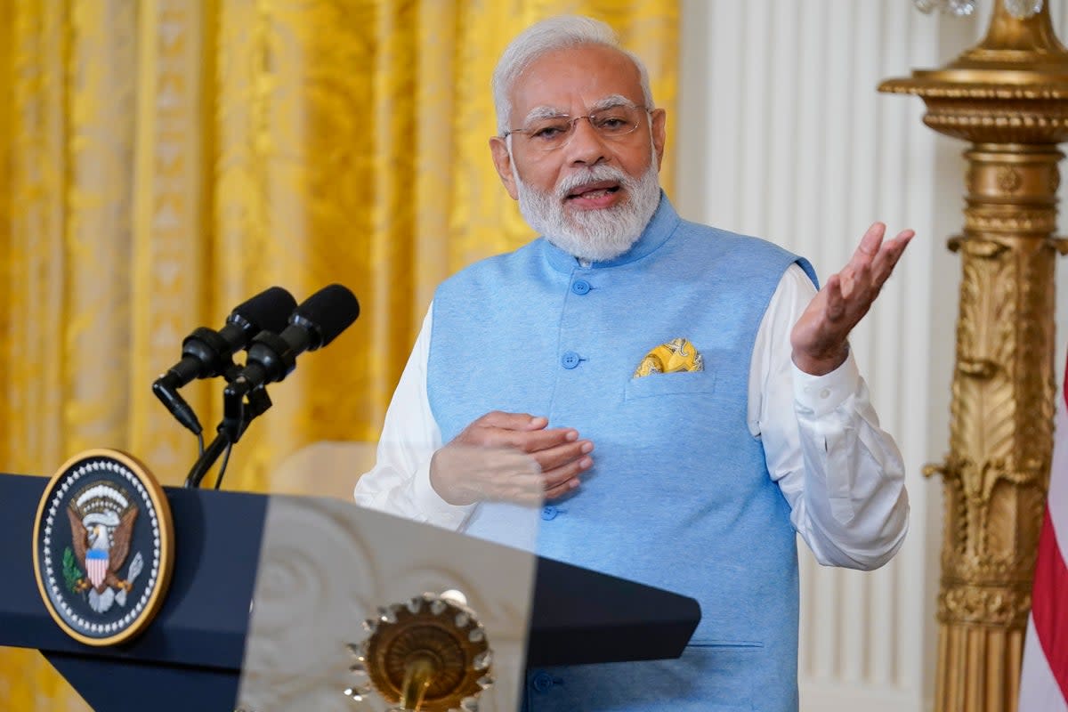 India's Prime Minister Narendra Modi speaks during a news conference with President Joe Biden in the East Room of the White House, Thursday, June 22, 2023, in Washington. (AP Photo/Evan Vucci) (AP)