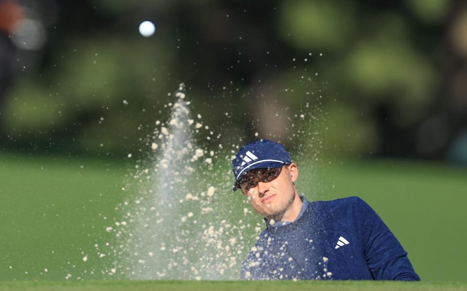 Ludvig Aberg of Sweden plays his third shot on the 17th hole