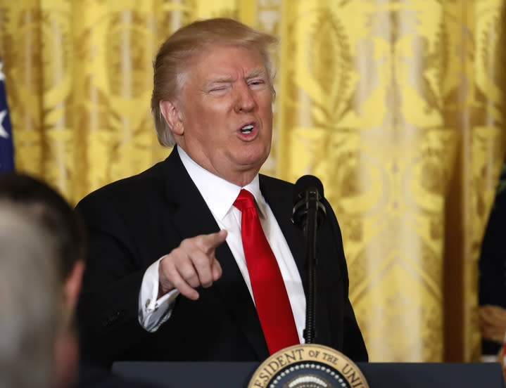 President Trump speaks during a news conference in the East Room of the White House. (AP Photo/Pablo Martinez Monsivais)