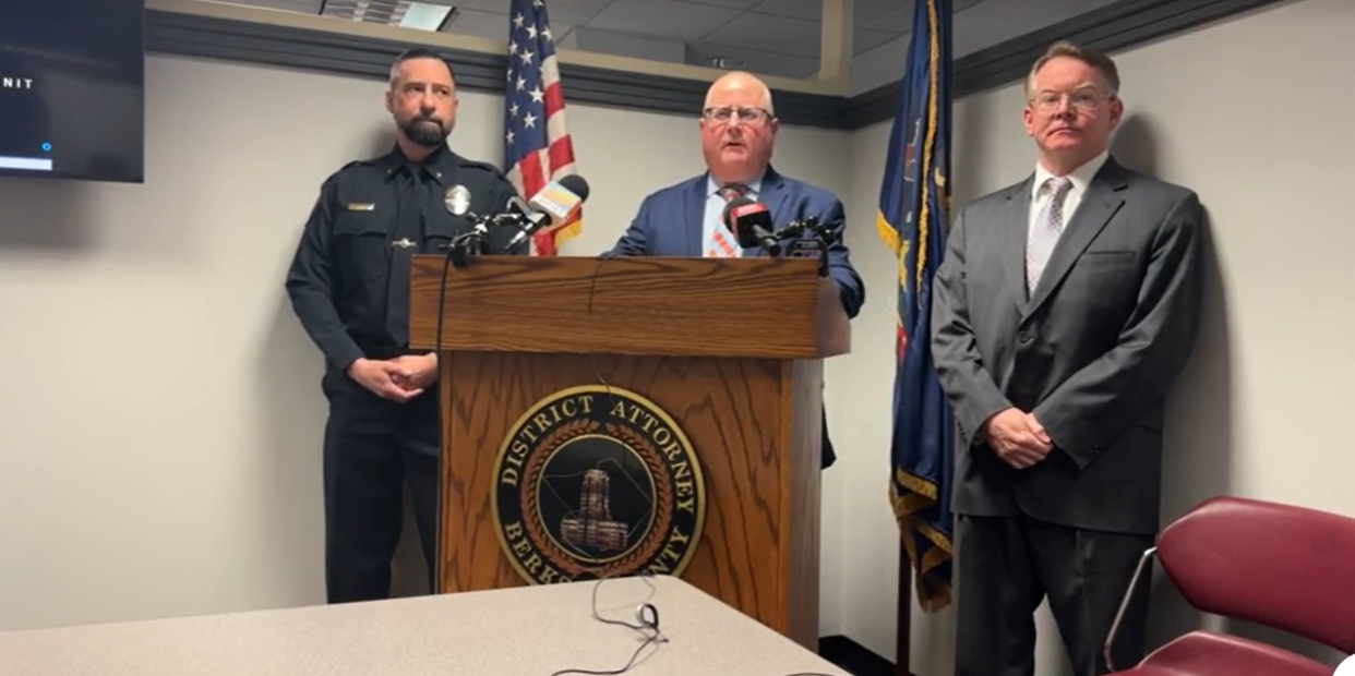 Berks County District Attorney John T. Adams announces the arrest of Vallis L. Slaughter at a Monday news conference in a cold case homicide from 2012 in Pennsylvania. Investigators were able to identify Slaughter as a suspect through DNA obtained from a discarded cigarette butt and a bitten-off piece of a styrofoam cup.