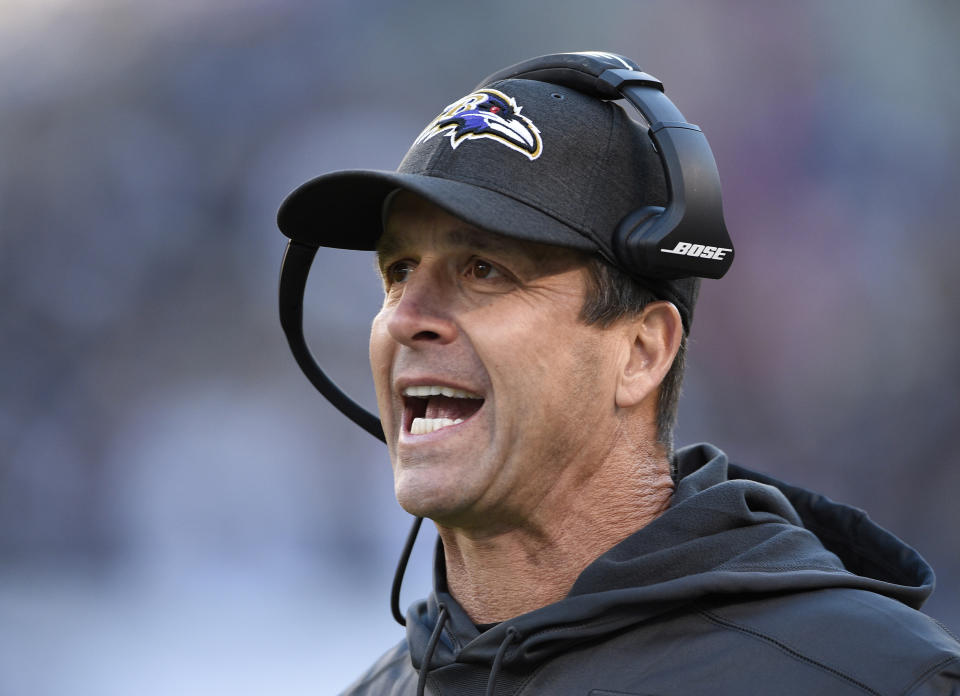 Could the Baltimore Ravens trade head coach John Harbaugh to another club? (AP)