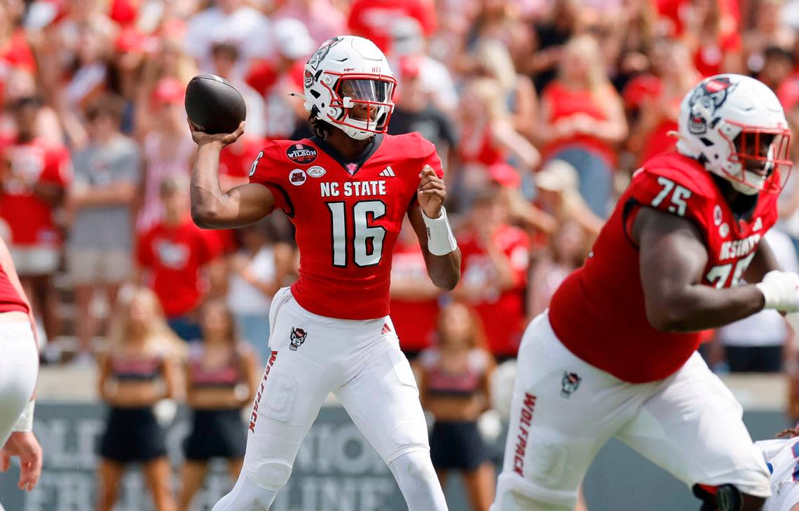 N.C. State quarterback CJ Bailey (16) prepares to pass during the second half of N.C. State’s 30-20 victory over LA Tech at Carter-Finley Stadium in Raleigh, N.C., Saturday, Sept. 14, 2024.