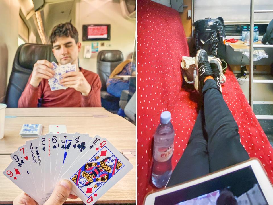 The author plays cards with her partner on a train in Italy (L) and uses her iPad on a train in Vienna (R).